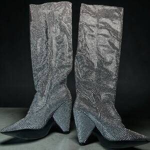 Knee High Sparkle Boots Women 8 Silver Pull on Club Concert 4" heel EU 39